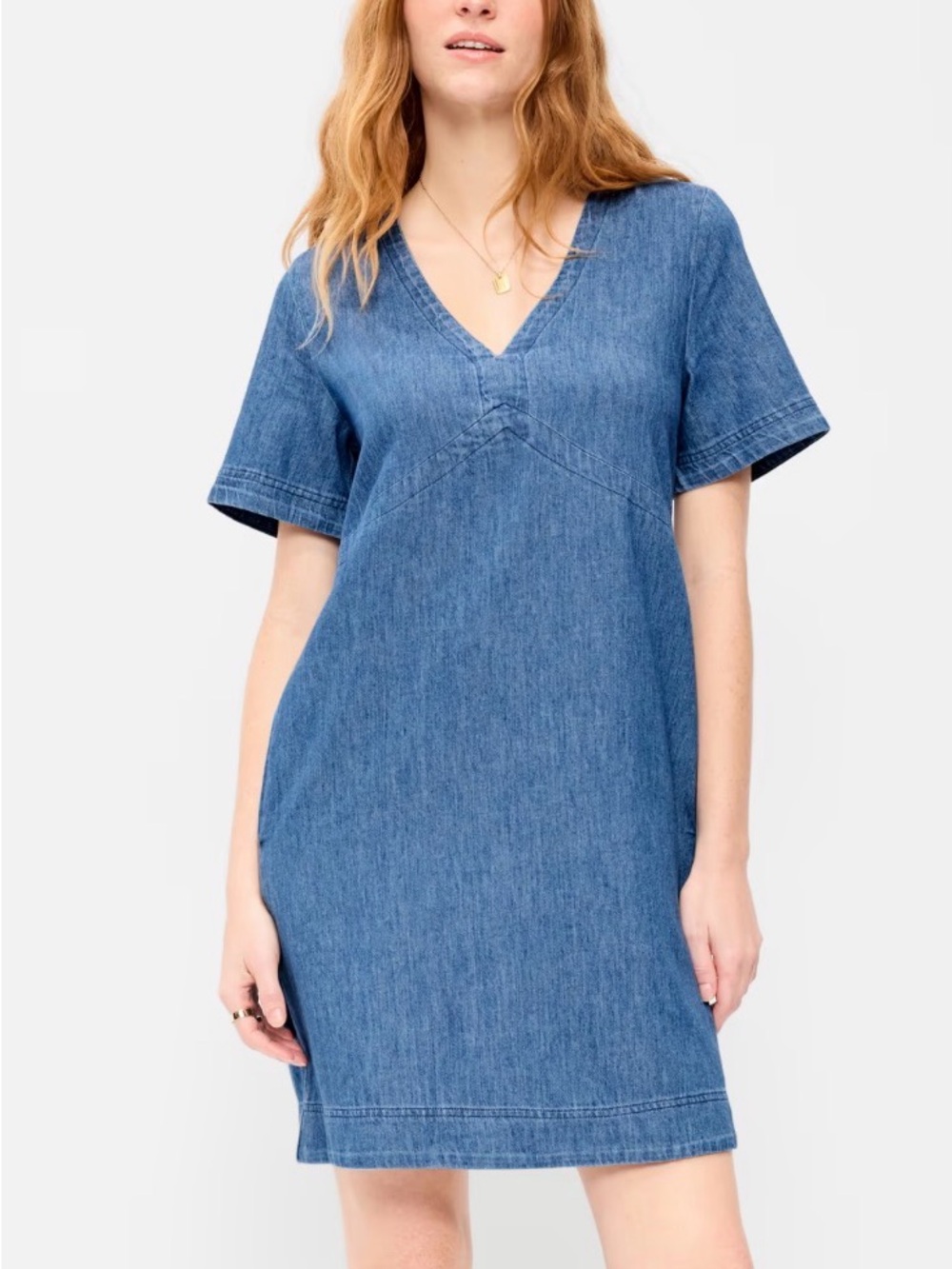 Women Medium Short-Sleeve Denim Relaxed Fit Soft Mini Shift Dress Cotton